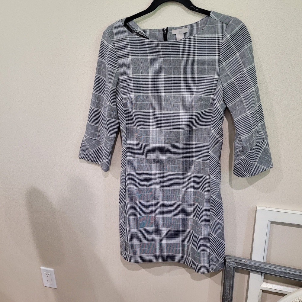 H&M Glen Plaid Womens SZ 4 dress 3/4 sleeve, sheath academia workwear career
